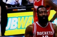James Harden almost throws ball at fan shining a laser pointer at him