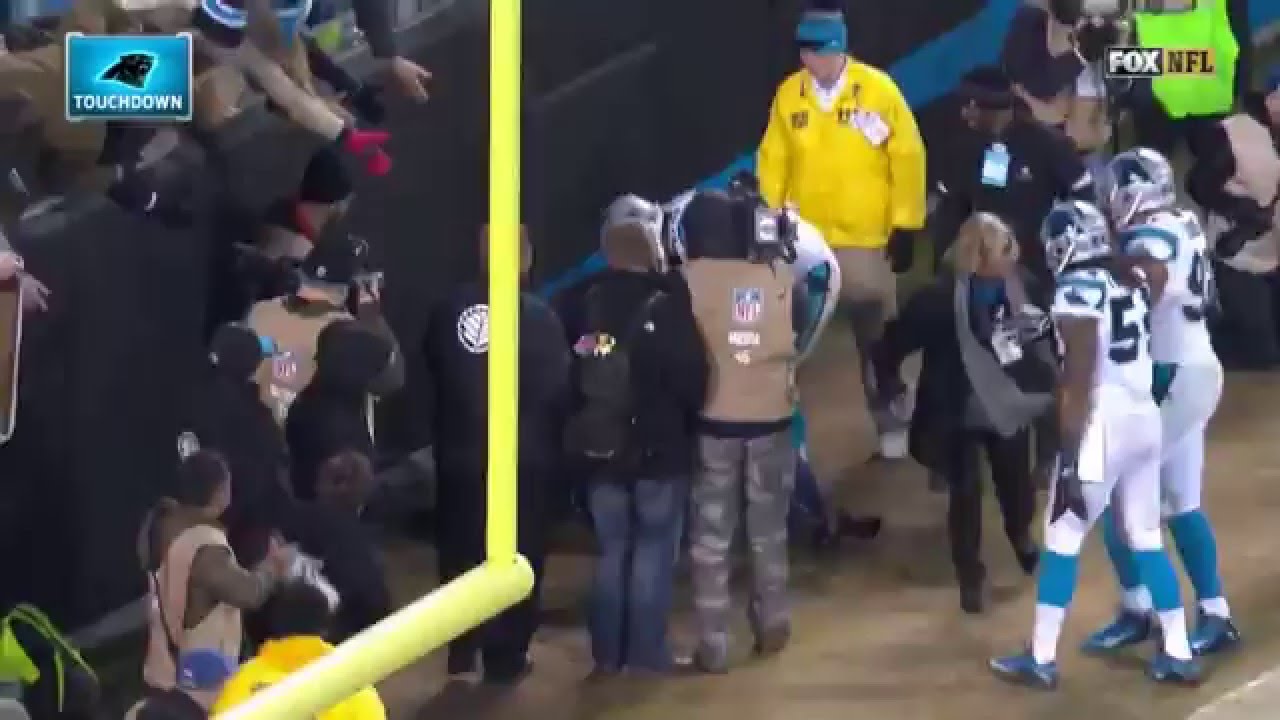 Panthers fan falls out of the stands on Luke Kuechly's Pick 6