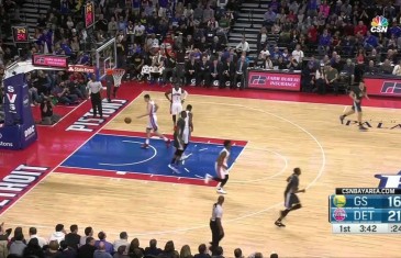 Steph Curry hits a 3 pointer from the Detroit Pistons logo