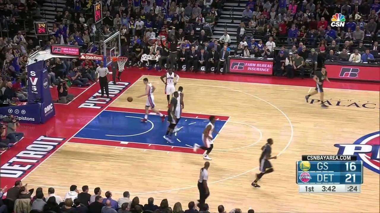 Steph Curry hits a 3 pointer from the Detroit Pistons logo