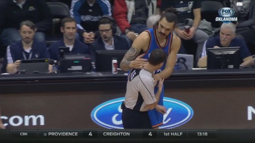 Thunder big man Steven Adams accidentally hits ref in the head