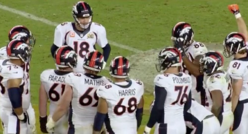 Broncos players say Peyton Fucking Manning in the huddle during SB50