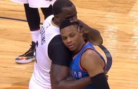 Kendrick Perkins kisses Russell Westbrook after fouling him