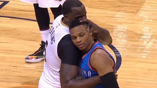 Kendrick Perkins kisses Russell Westbrook after fouling him