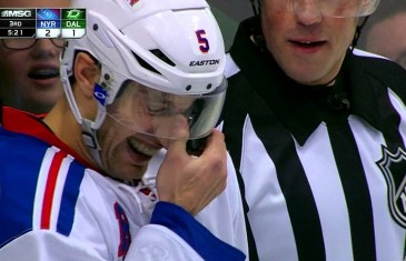 Puck gets wedged in New York Rangers defenceman’s mask