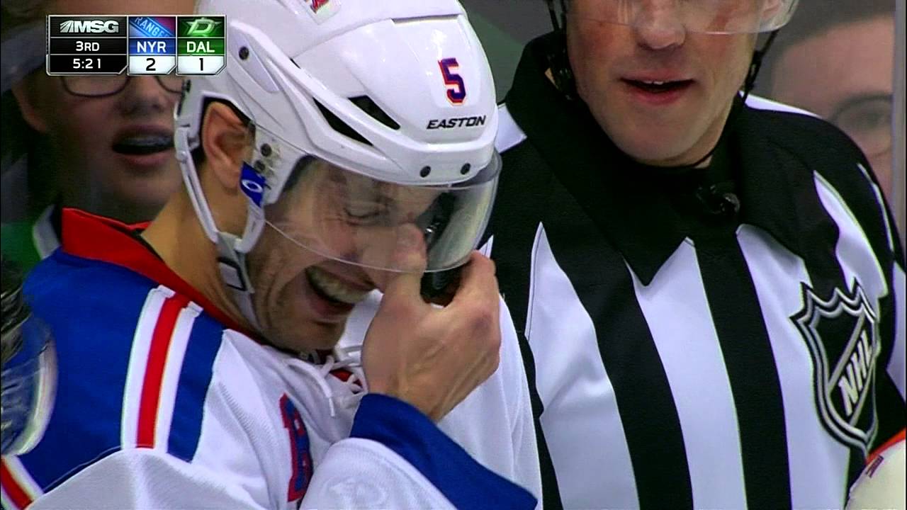Puck gets wedged in New York Rangers defenceman's mask