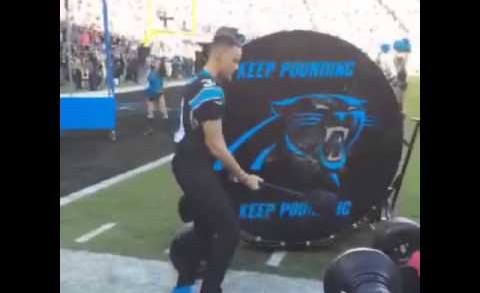 Stephen Curry pounds the Panthers drum