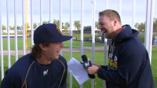 Brewers’ Brett Phillips can’t control his laughter with Cliff Floyd