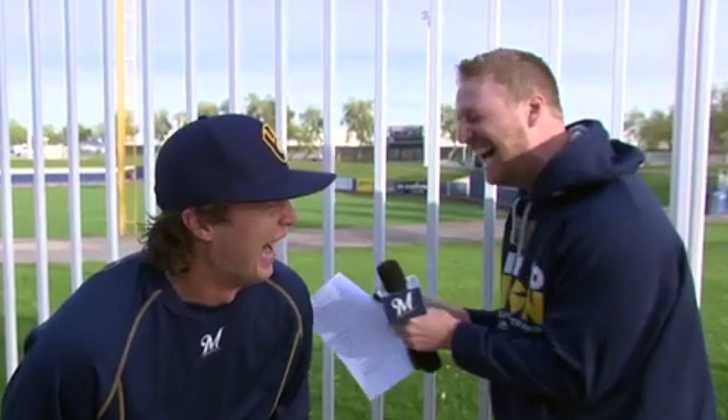 Brewers' Brett Phillips can't control his laughter with Cliff Floyd