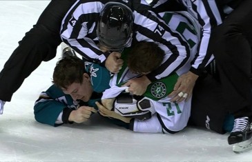 Dallas Stars’ Roussel grabs San Jose Sharks’ Wingels hair during fight