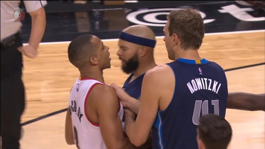 Deron Williams gets in CJ McCollum’s face after the foul