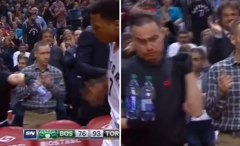 Kyle Lowry rips water bottle from water boy