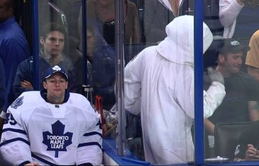 Maple Leafs goalie Jonathan Bernier accidentally spits on ice skater