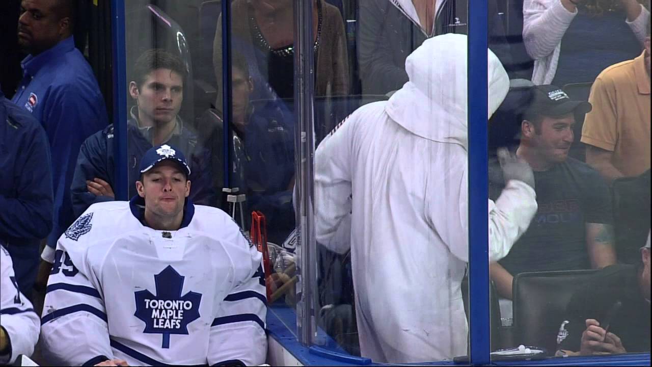 Maple Leafs goalie Jonathan Bernier accidentally spits on ice skater