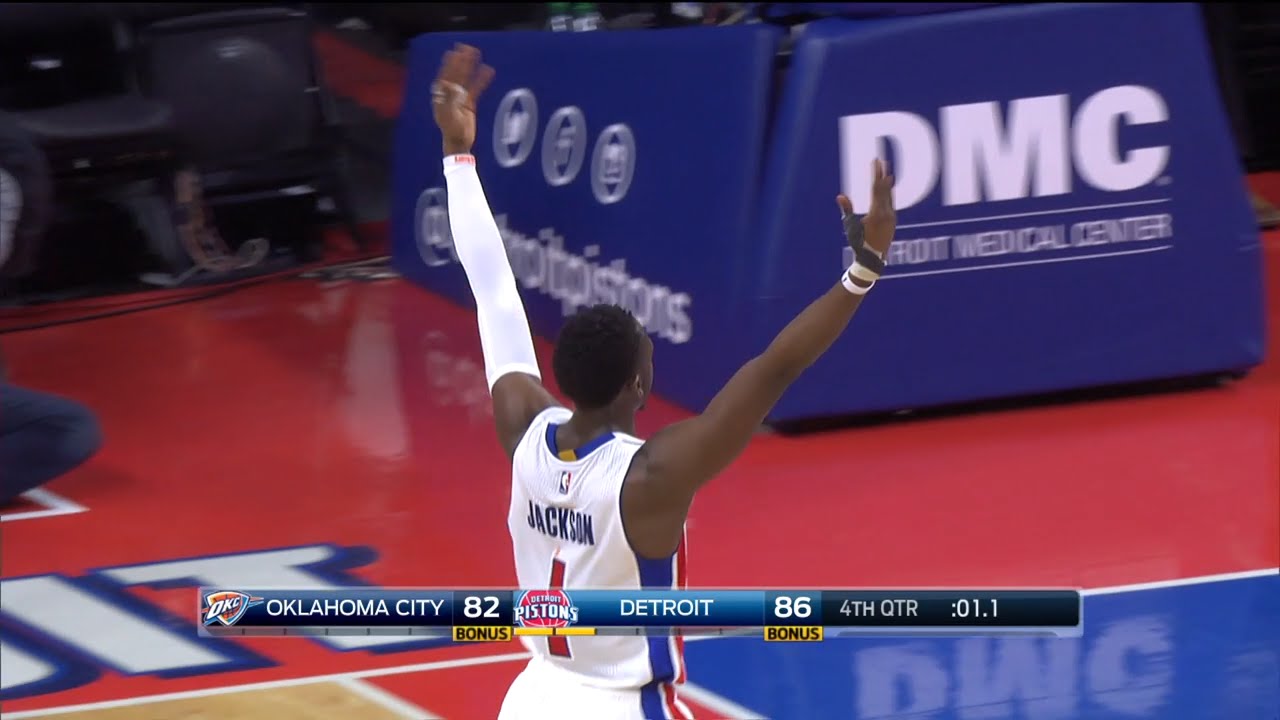 Reggie Jackson emphatically celebrates the Pistons win over OKC