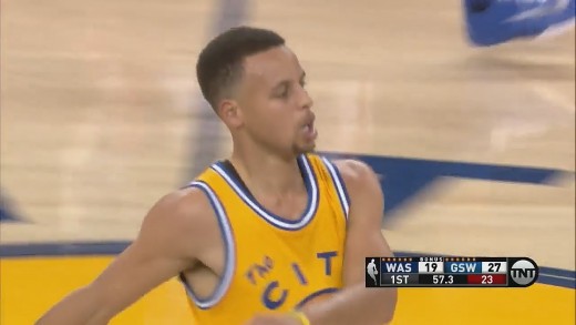 Stephen Curry throws down the fast break slam