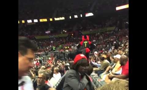 Atlanta Hawks mascot destroys his balls after falling onto a rail