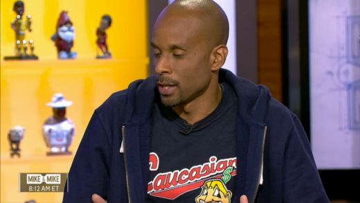 Bomani Jones wears “Caucasians” Cleveland Indians themed shirt