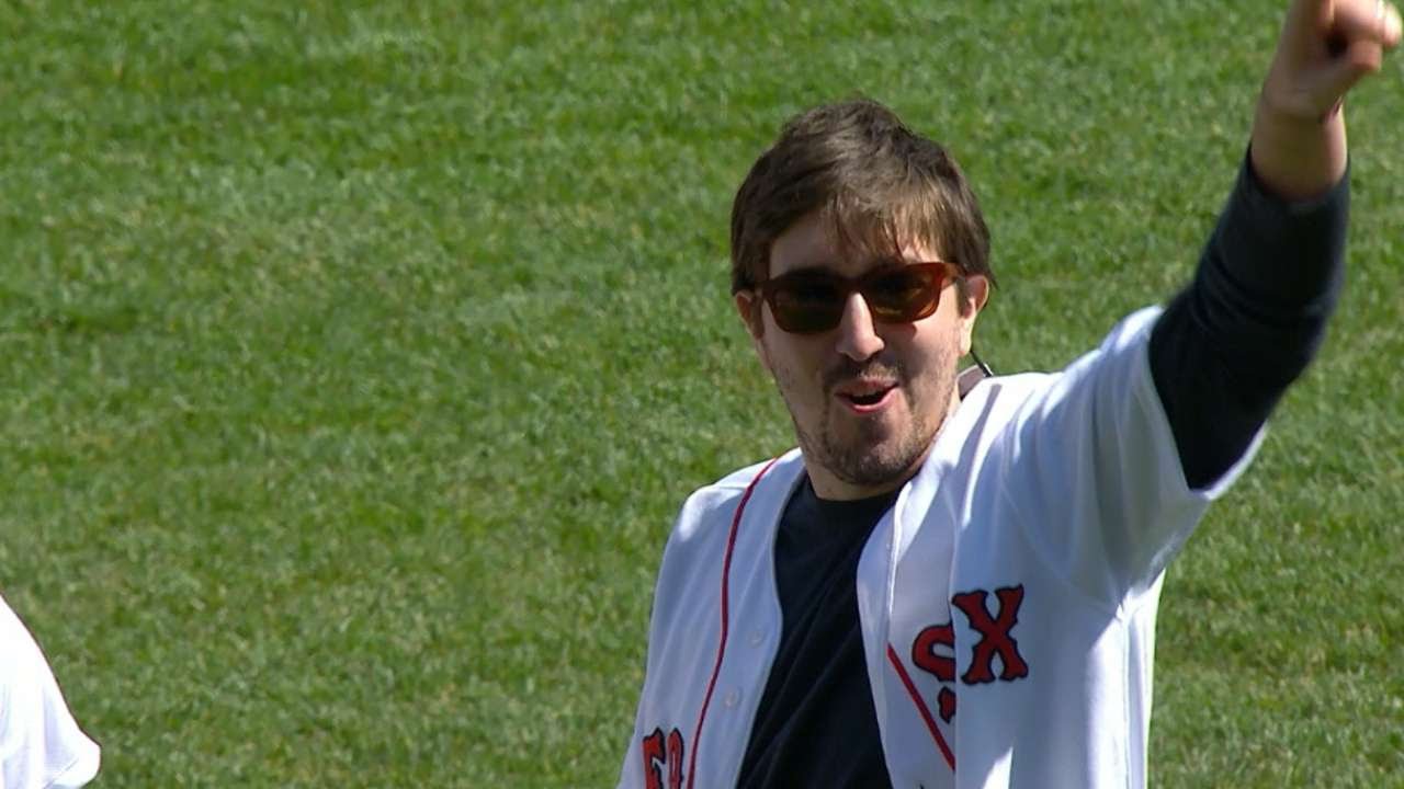 Boston Marathon survivor & Jake Gyllenhaal throw out first pitch in Boston