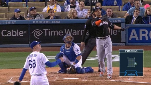 Giancarlo Stanton belts a solo homer in Dodger stadium