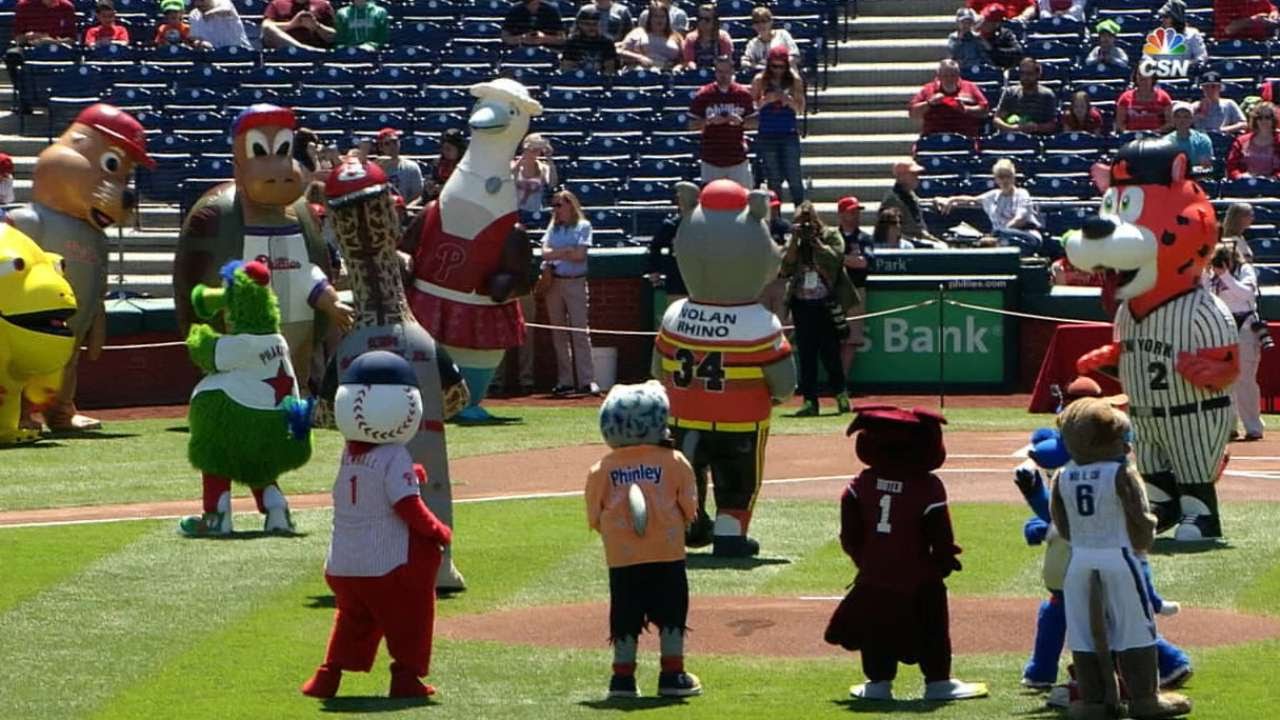 Mascots help celebrate the birthday of the Phillie Phanatic
