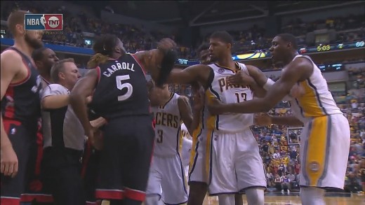 Paul George gets into scuffle with Jonas Valanciunas & DeMarre Carroll