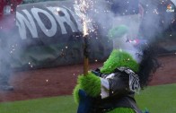 Phillie Phanatic is stunting with his new guitar