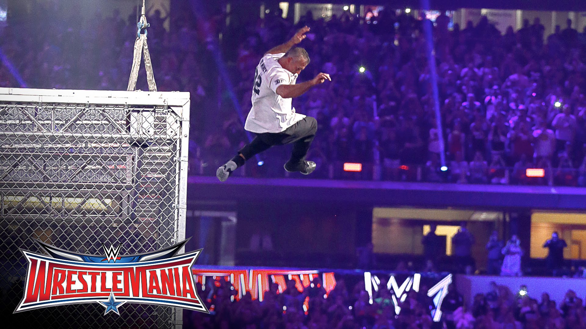 Shane McMahon jumps off of steel cage at Wrestle Mania