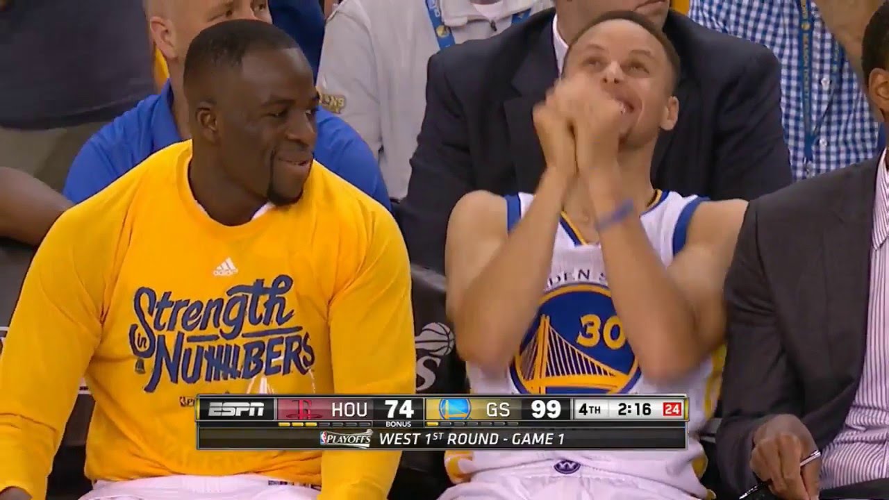 Stephen Curry laughs on the bench while Warriors destroy the Rockets
