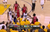 Stephen Curry shoves Patrick Beverley after getting tangled up