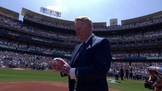 Vin Scully recieves signed ball from Dodgers greats