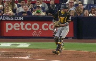 Wild pitch somehow winds up in umpires pocket during Pirates at Padres