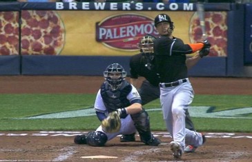 Giancarlo Stanton’s homer hits the Brewers center field scoreboard