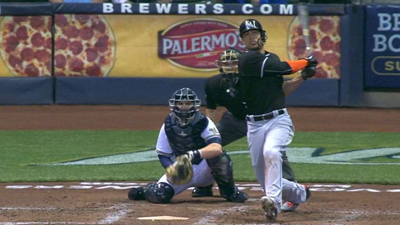 Giancarlo Stanton's homer hits the Brewers center field scoreboard