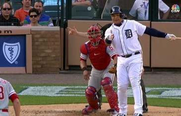 Miguel Cabrera gives a thumbs up to Jeremy Hellickson after striking out
