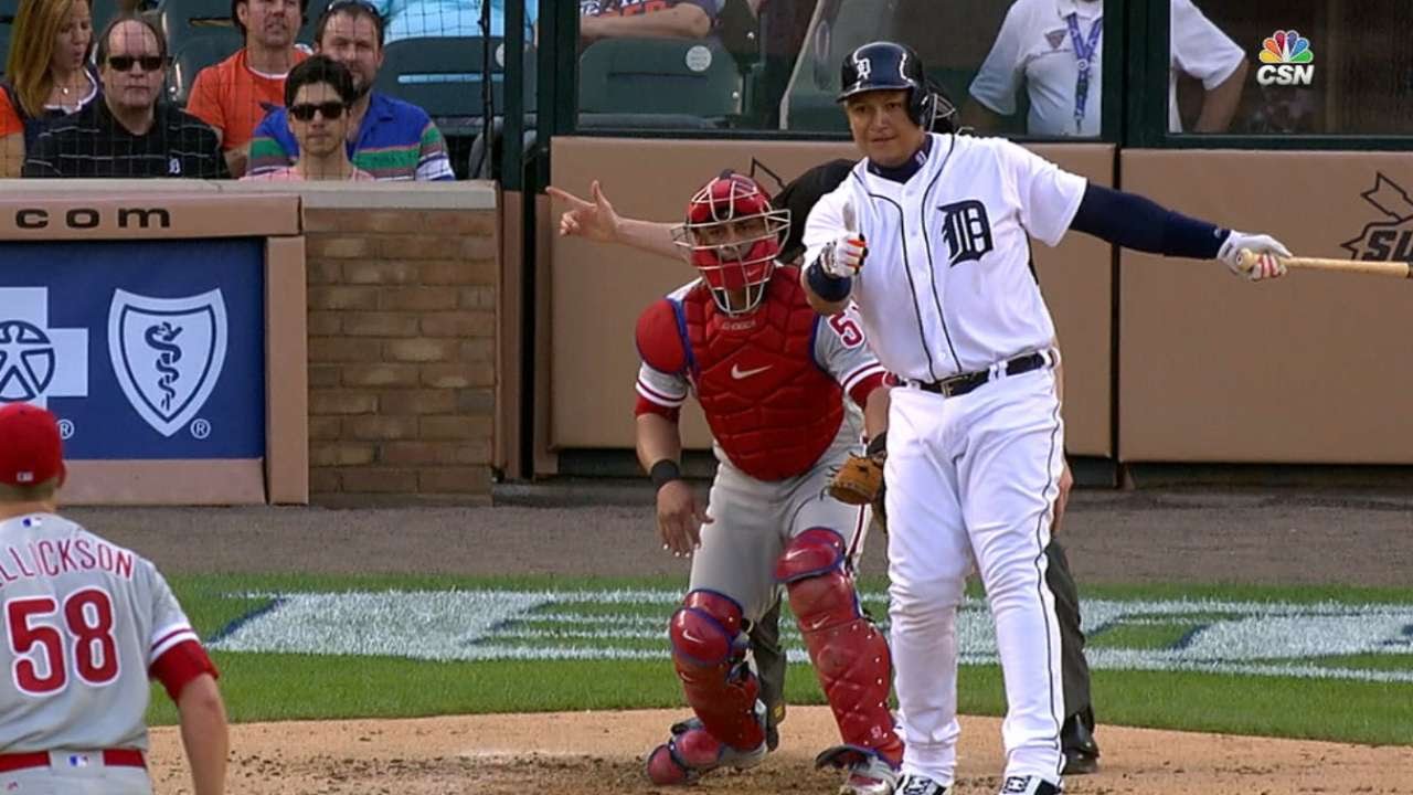 Miguel Cabrera gives a thumbs up to Jeremy Hellickson after striking out