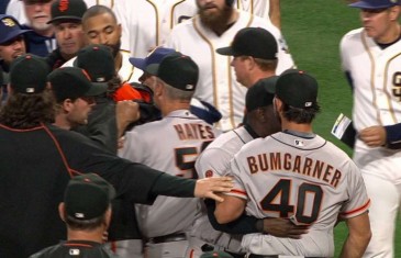 Madison Bumgarner stares down Wil Myers causing the benches to clear