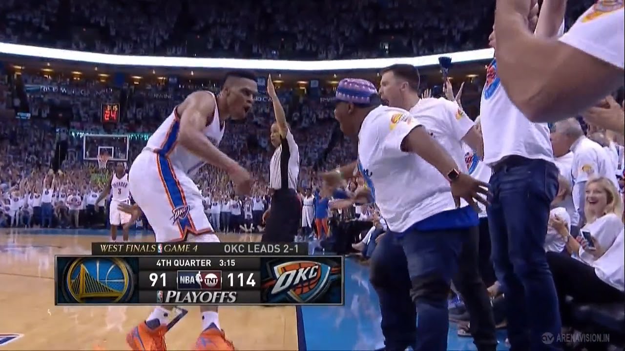 Russell Westbrook hits dagger three & high fives his brother