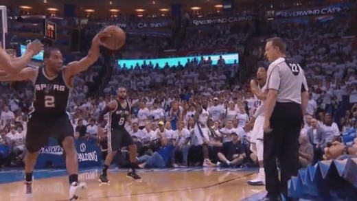 Kawhi Leonard goes defensive back for the palmed steal