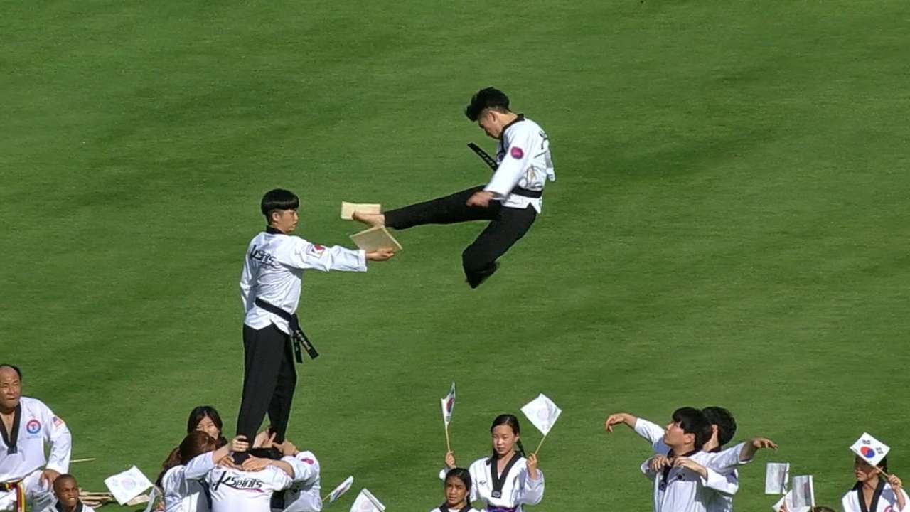 Texas Rangers celebrate Korean night with high flying kicks
