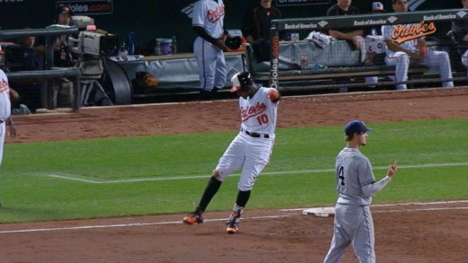 Adam Jones punts his gum after popping out