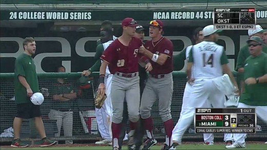 Bat flip causes bench clearing brawl between Miami & Boston College