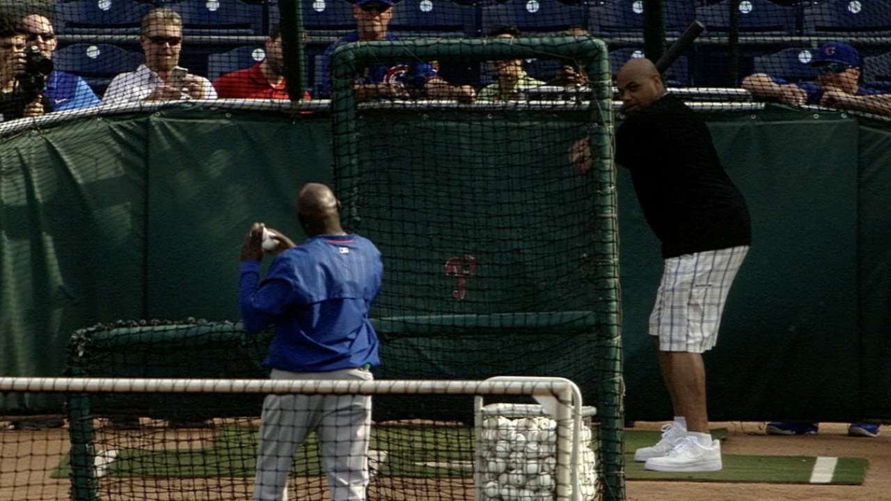 Charles Barkley takes batting practice with the Cubs
