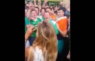 Irish soccer fans serenade French Model