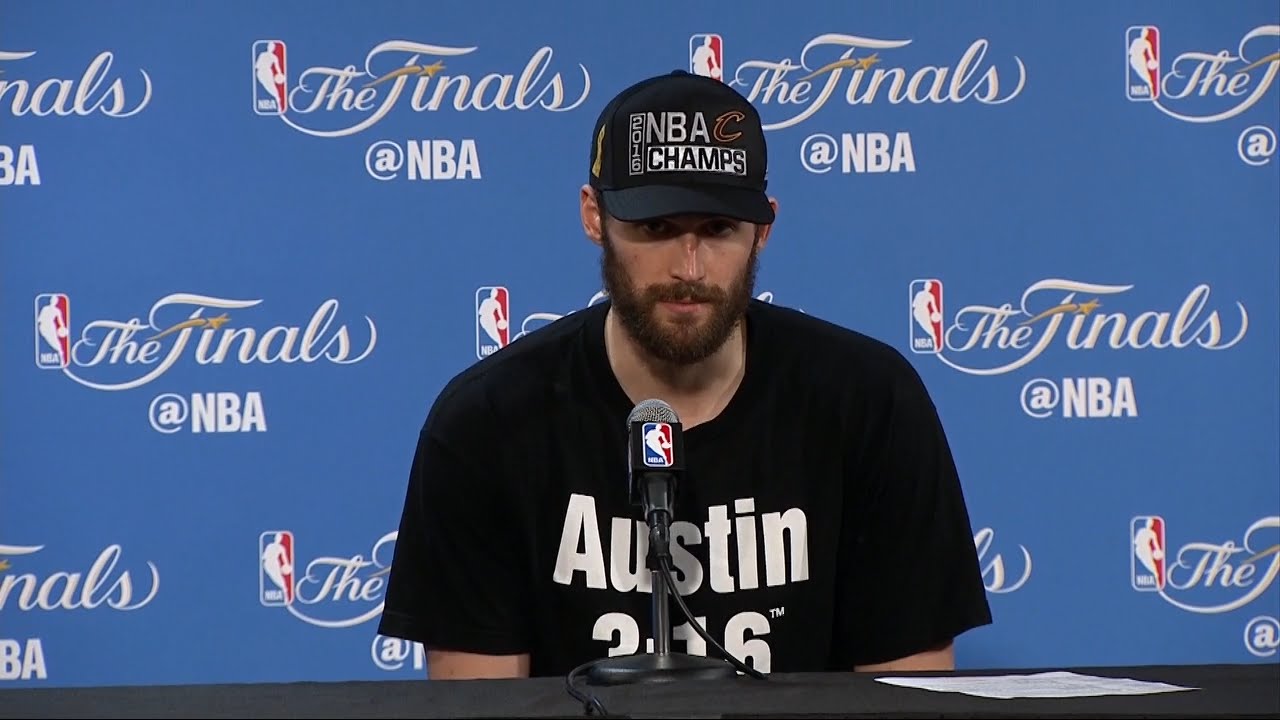 Kevin Love speaks to the media following Game 7 win