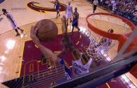 LeBron James blocks Steph Curry after the whistle