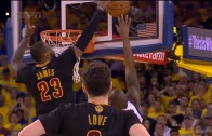 LeBron James with a series defining block on Andre Iguodala