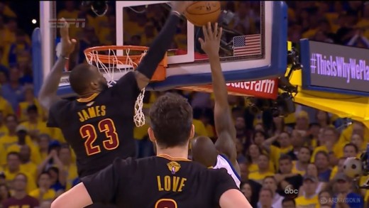 LeBron James with a series defining block on Andre Iguodala