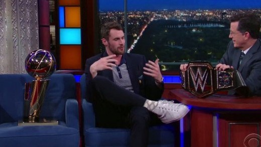 Kevin Love talks about his love for the WWE with Stephen Colbert