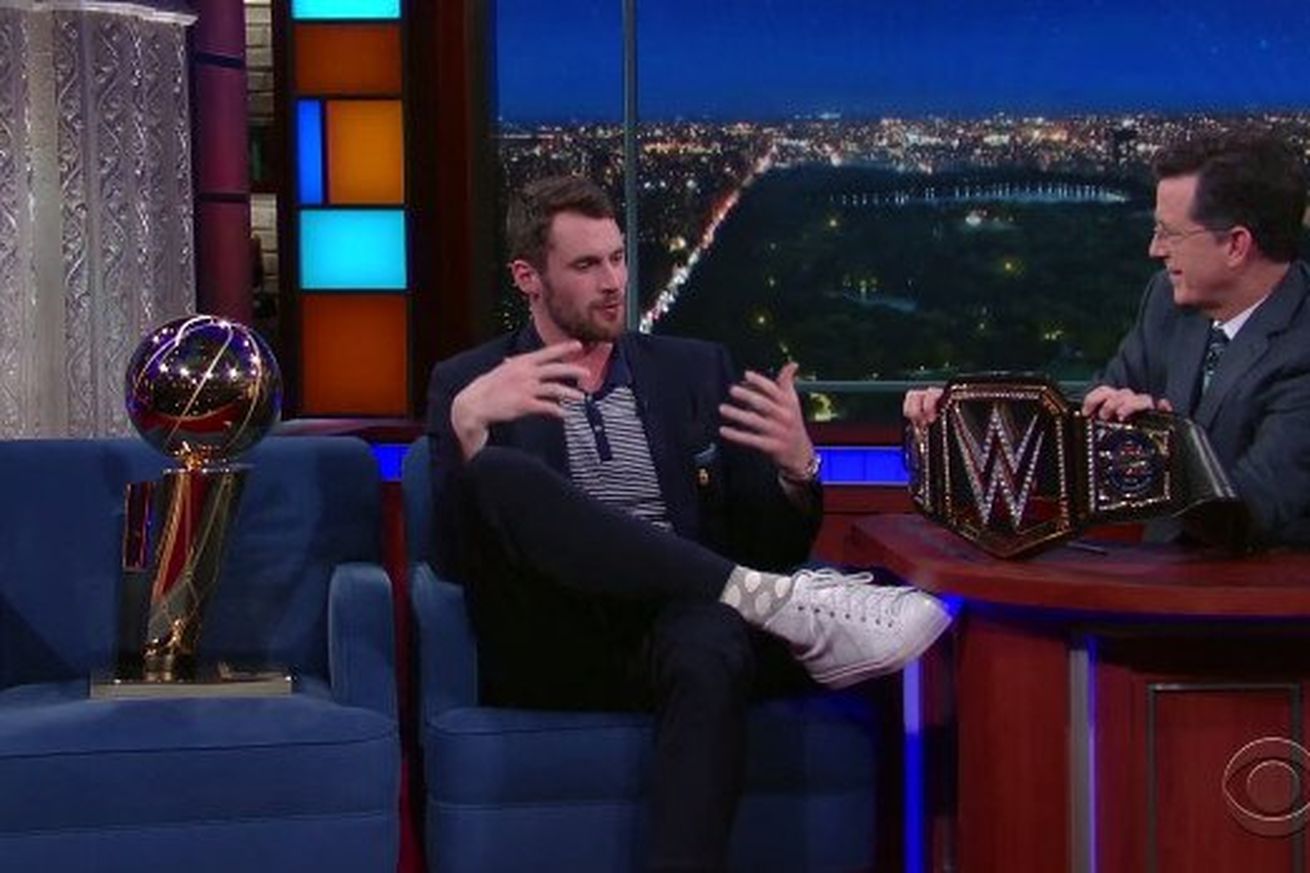 Kevin Love talks about his love for the WWE with Stephen Colbert